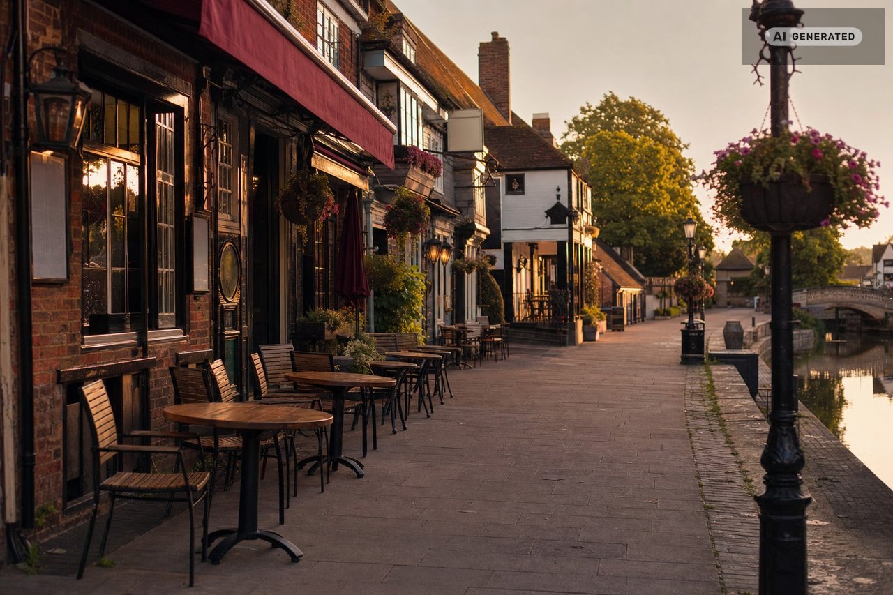 A canalside village high street with independent cafés and bars lit at golden hour (AI-generated image)